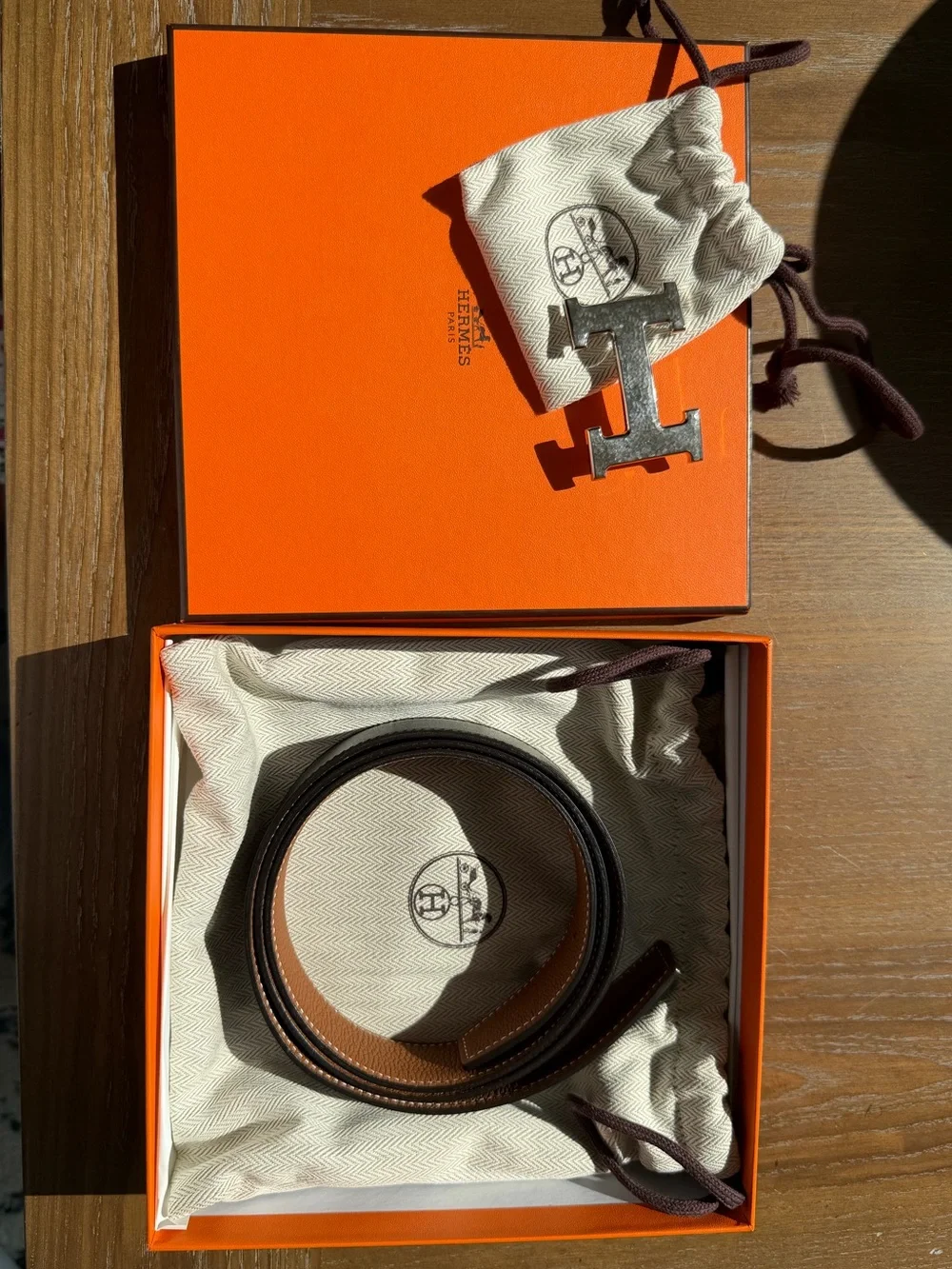 HERMES Men’s H Martelee belt buckle & Reversible leather strap 32 mm belt NWT